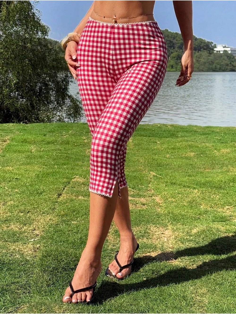 High-Waist Red Gingham Capri Pants with Lace Hem